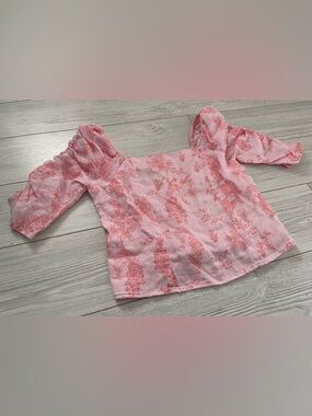 Cynthia Rowley 100% Flax Linen Toile Print Top Puff Sleeves Size S